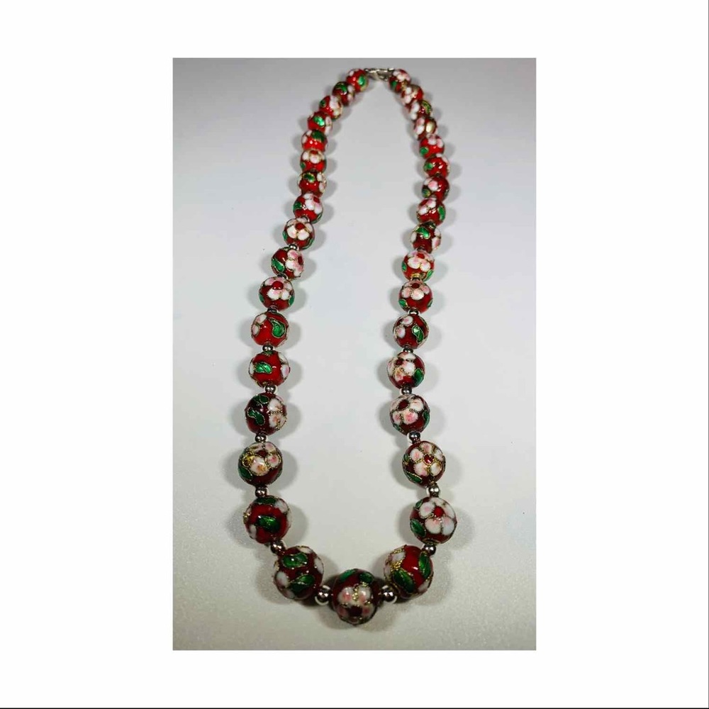Red Flower Bead Necklace 20”